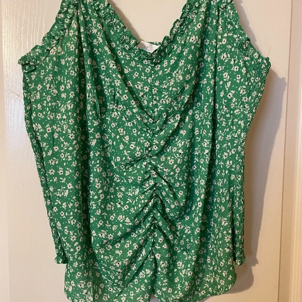LUSH Floral Print Ruched Front Cami 1X Tunic Top Tank Green Summer Spring - Picture 3 of 7